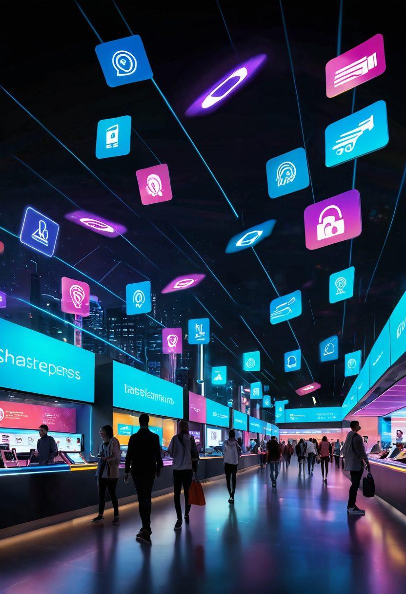 A futuristic digital marketplace bustling with activity, showcasing diverse shoppers using holographic payment devices. Display instant payment notifications and secure transaction icons floating in the air around them, symbolizing security and speed. In the background, a skyline of modern tech-driven stores with bright neon lights. created with a blend of vibrant colors, 3D effects and sleek design.