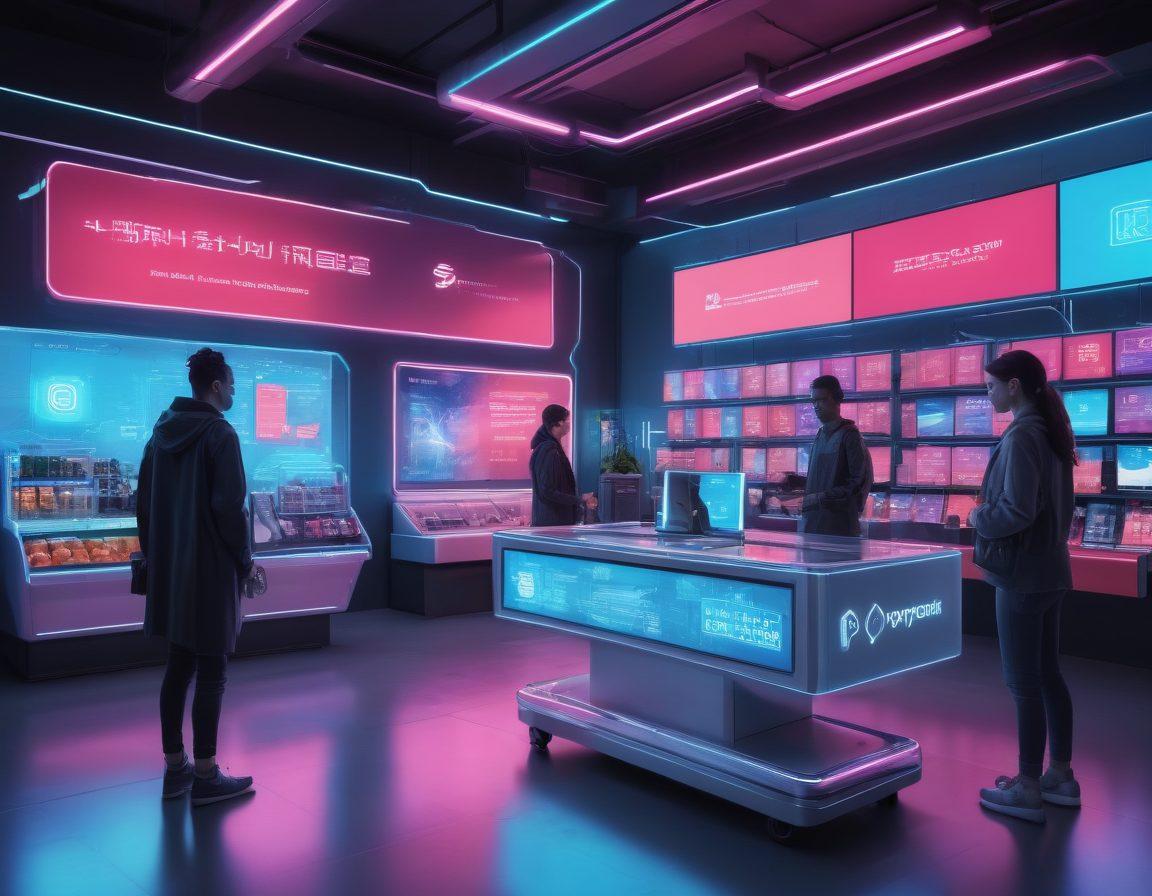 A futuristic city skyline at dusk, filled with glowing digital screens showcasing secure payment transactions and e-commerce symbols like shopping carts and credit cards. A diverse group of people is interacting with holographic interfaces, illustrating a seamless shopping experience. In the foreground, a sleek robot assists a customer in a store, symbolizing advanced technology in retail. The scene has a vibrant color palette with neon accents, conveying excitement and innovation. cyberpunk. vibrant colors. 3D.