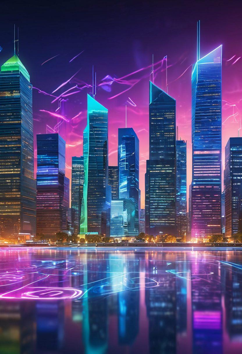 A futuristic city skyline showcasing digital financial transactions in action, with glowing currency symbols floating between skyscrapers. Depict diverse business professionals interacting with advanced technology, like holographic screens and virtual wallets. The atmosphere should be energetic and modern, with vibrant neon colors highlighting the concept of speed and efficiency in finance. super-realistic. vibrant colors. 3D.